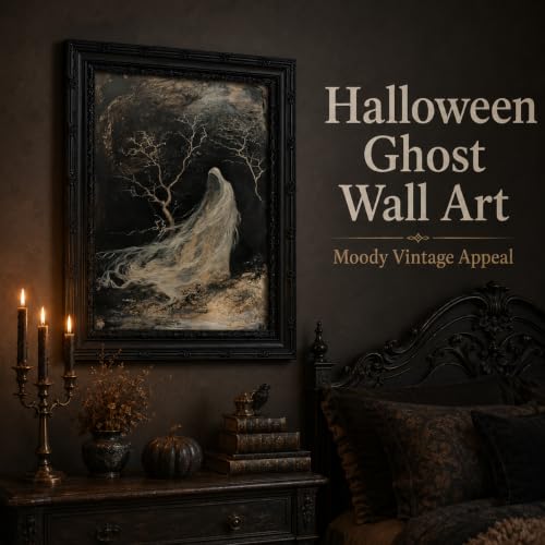 Ghost Wall Art Canvas - Framed Halloween Ghost Scene, 11x9 Inches - Dark Gothic Decor