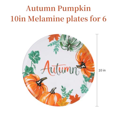 Pumpkin Fall Melamine Dinner Plates Set of 6 - 10 Inch Halloween & Thanksgiving