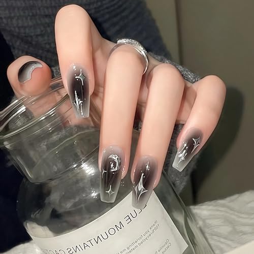 Star Press-On Nails Medium Coffin Shape Black Gradient Moon & Star Design - Reusable Silver Gray Fake Nails for Women & Girls - 24pcs