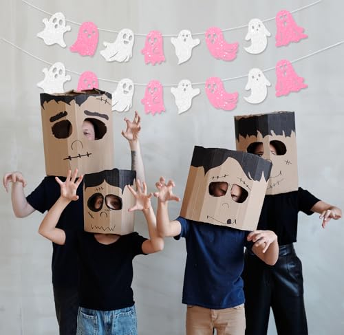3 Pack Glitter Halloween Ghost Banner - Pink & White Hanging Decorations for Haunted House & Party