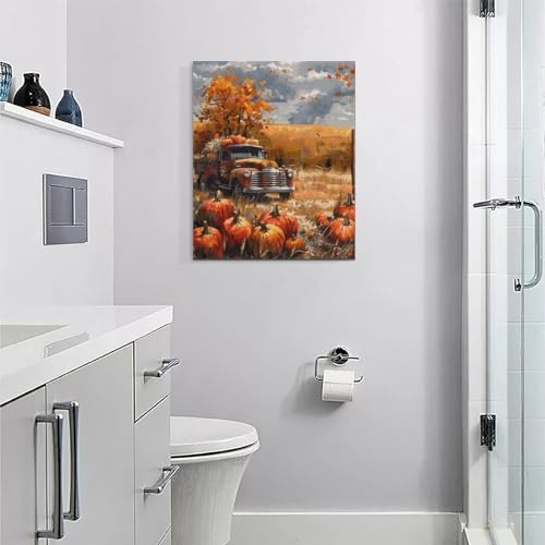 Fall Pumpkin Truck Wall Art Canvas - Farmhouse Autumn Decor for Bedroom & Living Room - 20x16