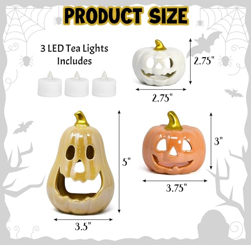 Set of 3 Halloween Ceramic Pumpkin Tea Light Holders Jack O Lantern Decor