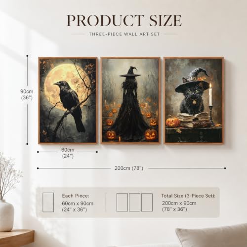 Halloween Wall Art Set - Dark Witch & Black Cat Gothic Prints 24x36 Inches - Variation of Dark Halloween