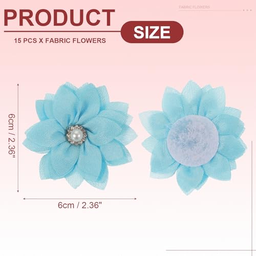 Light Blue Fabric Flowers with Rhinestones and Pearls, 15 Pcs for DIY Crafts & Wedding Decorations