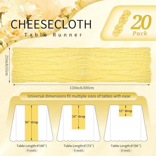 Light Yellow Cheesecloth Table Runner Set - 20 Pack Boho Gauze Decor