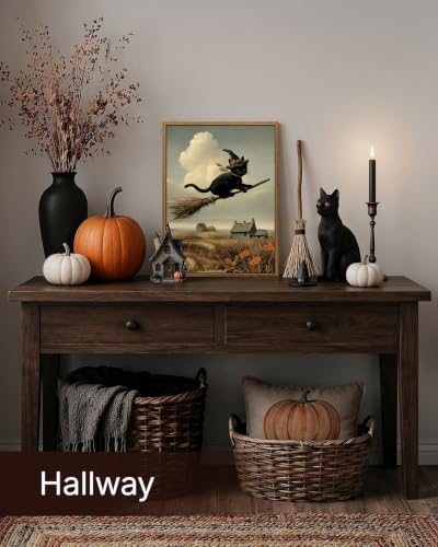Black Cat Halloween Wall Art - Framed Canvas Print 16x12 Broomstick Variation
