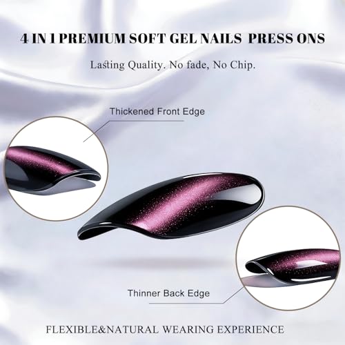 Cat Eye Short Press-On Nails with Glitter Finish - Black Pink Square Variation