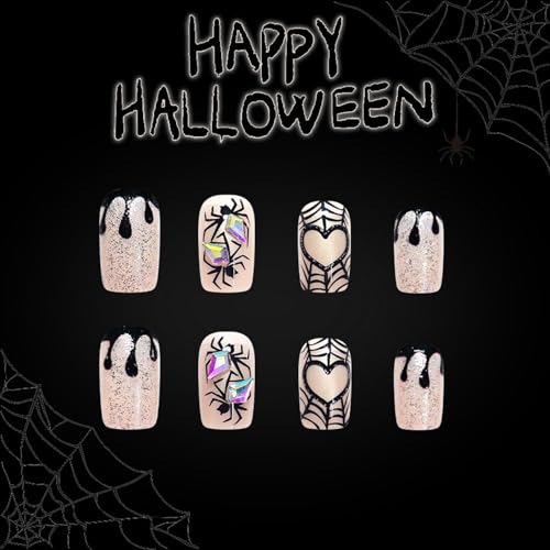 Halloween Press On Nails with Rhinestones & Spider Web - Style 19, Medium Square, 24 Pack