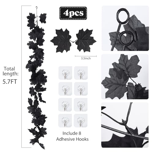 4 Pieces Black Maple Leaf Garland - Artificial Halloween Hanging Decor