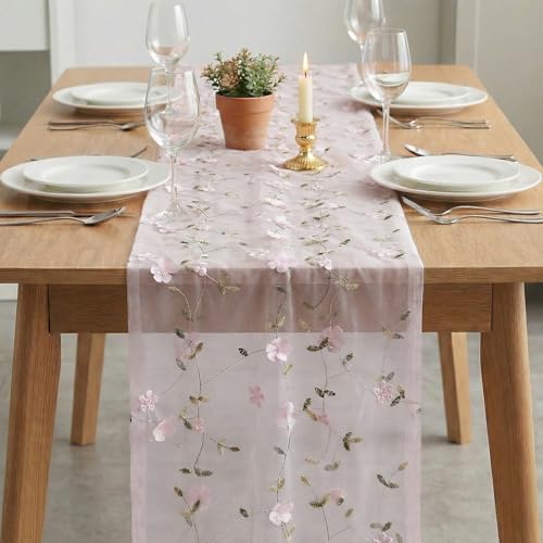 Pink 3D Flower Gauze Embroidery Table Runner - 28 x 120 Inch