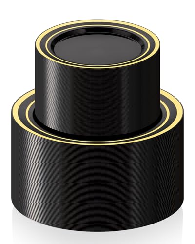 Black Plastic Dinner Plates with Gold Rim Set - 200PCS, Elegant Partyware, Reusable & Disposable
