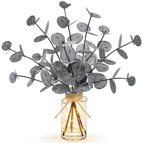 Black Artificial Eucalyptus with LED Lights in Glass Vase - 12.6 Inch