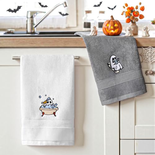 Halloween Hand Towels Set of 2 – Ghost Embroidered Cotton Bathroom and Kitchen Decor – Gray and White, Medium Variation