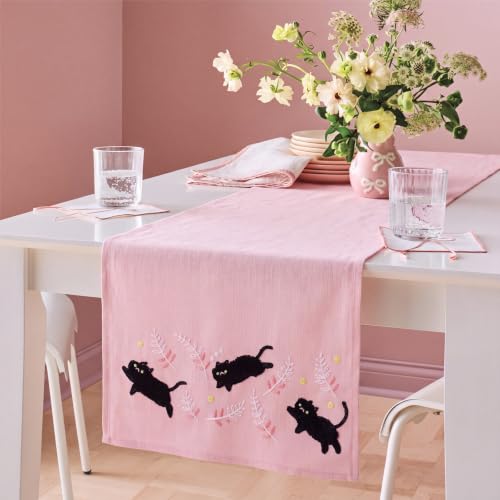 Pink Embroidered Black Cat Table Runner - Kitchen Decor, 13x72 Inches