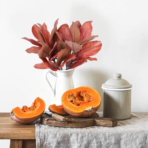 Artificial Magnolia Leaves Stems - Burgundy Fall Branches for Home Decor, Weddings & Events - 4 Pieces with Red Variation