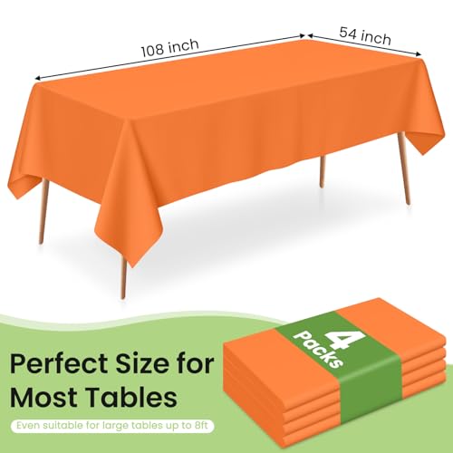 Orange Disposable Plastic Tablecloth for 6ft Tables - 54 x 108 Inches, 4 Pack