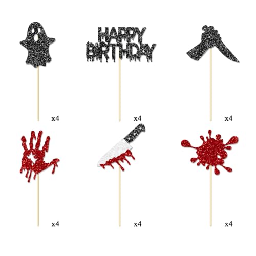 Red Blood Drip Killer Birthday Cupcake Toppers - 24 Glitter Halloween Cake Decorations
