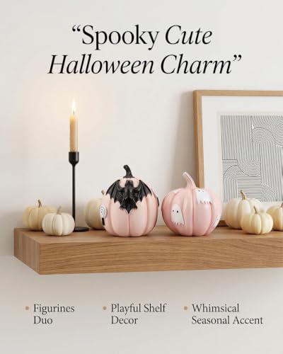 Halloween Pumpkin Figurines Set of 2 - Cute Resin Decor with Bat & Ghost - Pink Pumpkins