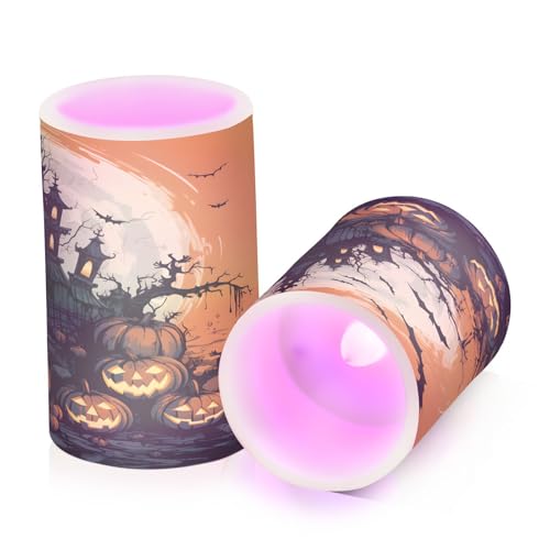 Halloween Pumpkins Castle Bat Flameless Candles Set of 2 with Remote & Timer