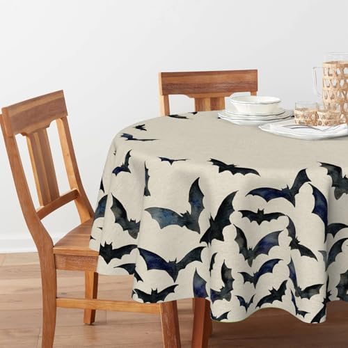 Horaldaily Halloween Round Tablecloth 90 x 90 Inch Black Bats - Beige Variation