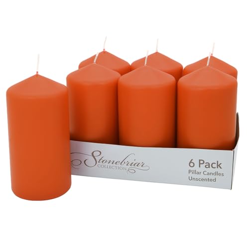 Orange Unscented Pillar Candles - 3x6 Inches, Pack of 6, Long-Lasting 55 Hour Burn
