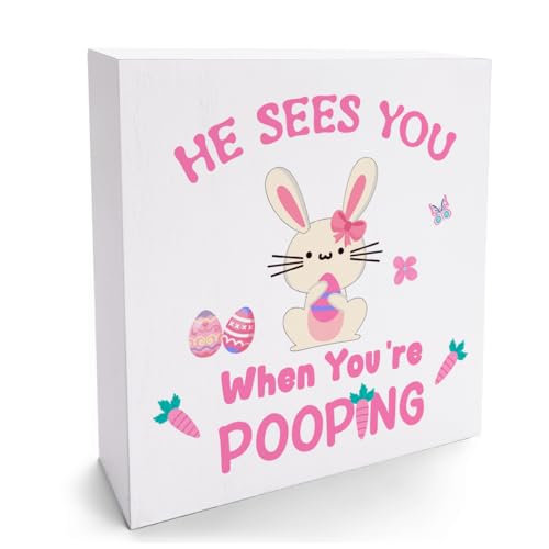 Pooping Bunny Wooden Sign - Easter Farmhouse Bathroom Decor, Rustic Wood Plaque - Pooping 3 Variant