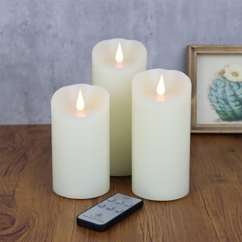 Flameless Candles Set of 3 - 3" x 5"6"7" Ivory LED Pillar Candles with Remote Timer - Real Wax, Flickering 3D Moving Flame, Last 1000+ Hours, Home Wedding Decor