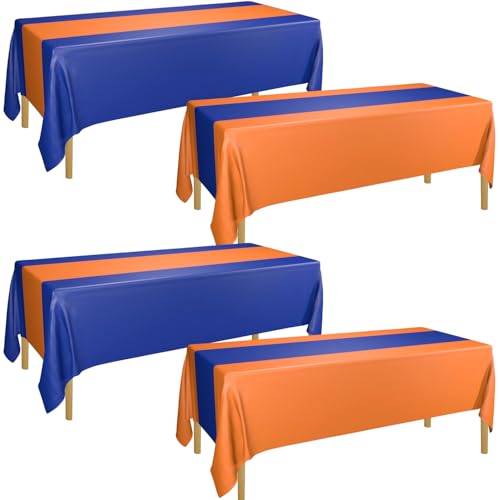 Orange and Navy Blue Waterproof Disposable Rectangle Tablecloths - 4 Piece Set, 86x51 Inches, Party Decorations