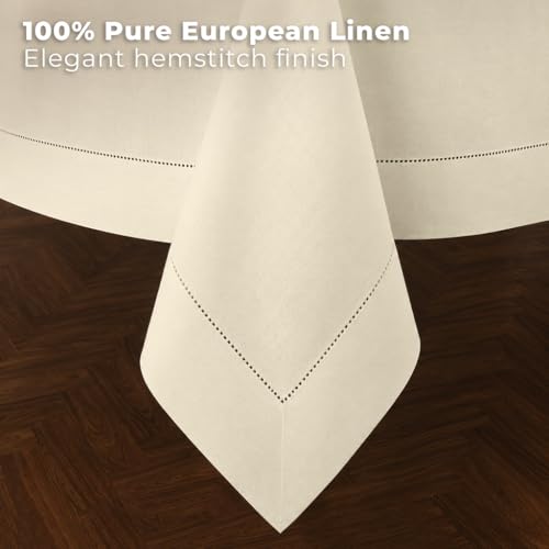 144x60 Inch Ivory Linen Hemstitch Rectangle Tablecloth - Pure European Flax