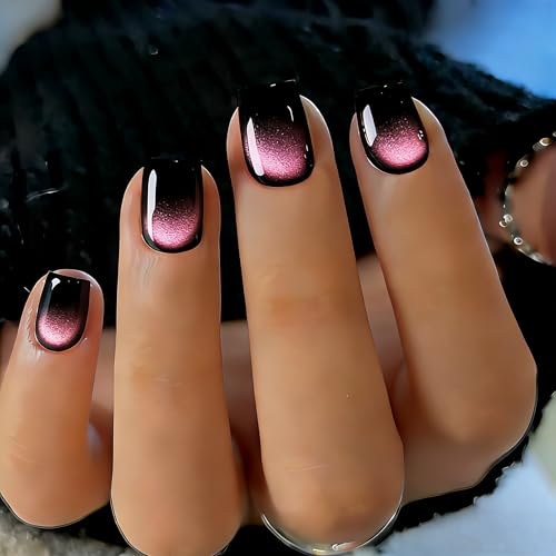 Cat Eye Short Press-On Nails with Glitter Finish - Black Pink Square Variation