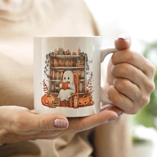 QASHWEY White Halloween Ghost Mug 11oz - Fall Book Lover's Coffee Tea Cup