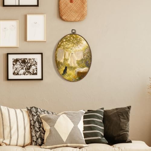 Ghost Wall Art - Oval Canvas Decor with White Ghost Design - 8.5x11.5 Inches