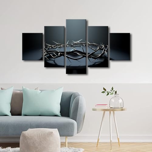 5 Panel Wall Art Christ Canvas Prints with Crown of Thorns - 60 x 32 Inches - Framed Modern Home Decor - Variation: 60''Wx32''H / Artwork-04