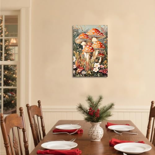 Red Mushroom Canvas Wall Art - Botanical Kitchen Decor, 12x18 Inches