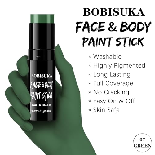 BOBISUKA Green Face Paint Stick - Full Coverage Washable SFX Makeup for Halloween & Cosplay
