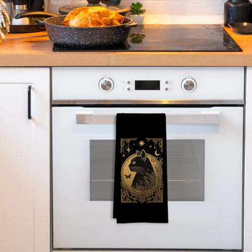 Gothic Tarot Cat Kitchen Towels - Witchy Black Gold Dish Hand Towels - Cat Variation