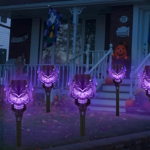 Purple Skull Solar Torch Lights 8 Pack Outdoor Halloween Decor - Flickering Flame
