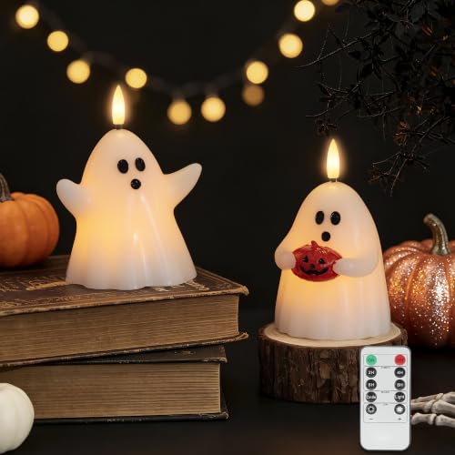 Ghost Flameless Candles with Timer - Real Wax Halloween Decor - 2 Pack - Ghost Variation