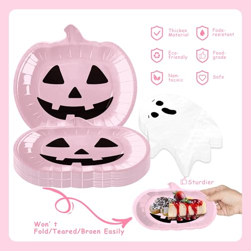 Pink Pumpkin Ghost Halloween Paper Plates Napkins Party Tableware Set - 100pcs (Variation: Pink Pumpkin)