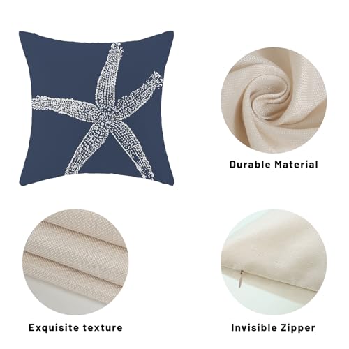 Navy Blue Starfish Coral Linen Pillow Covers 24x24 Inch Set of 2 - Coastal Nautical Decor