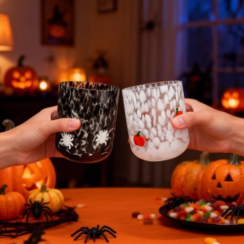Halloween Juice Glasses Set - 14oz Pumpkin & Spider Design, 2 Pcs
