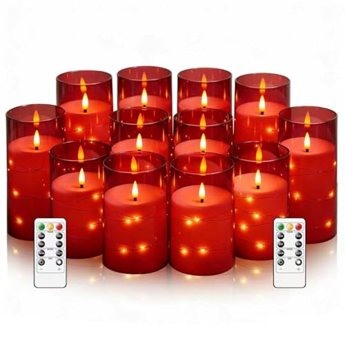 Flameless LED Candles with Timer 12 Pack - Red Flickering Candle Set