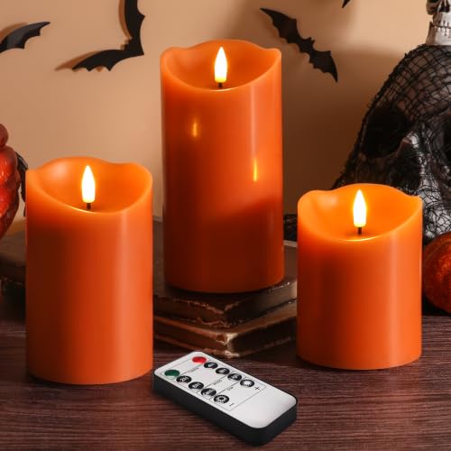 Eywamage Burnt Orange Fall Halloween Flameless Pillar Candles with Remote Set of 3