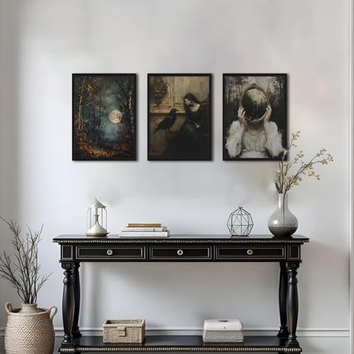 Dark Academia Wall Art Set of 3 - Gothic Vintage Witch Raven Full Moon Halloween Canvas Prints, 16 x 12 inches, Framed