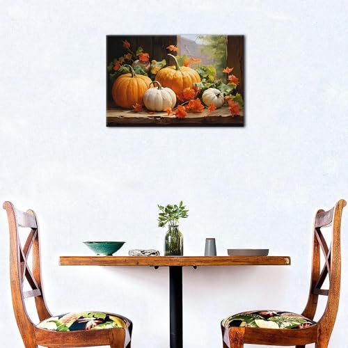 Pumpkin Canvas Wall Art - Fall Autumn Decor with Maple Leaf - 24x16 Inch Pumpkin