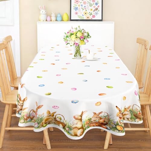 Roszwtit Spring Easter Bunny Oval Tablecloth 60x120 Inches - Waterproof & Durable, Spring Egg & Floral Design, Variations Available