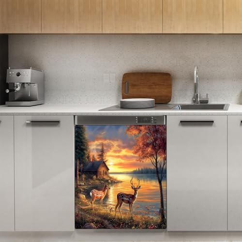 Deer Sunset Forest Dishwasher Magnet Cover - Front Decoration for Most Dishwashers - C Animal Forest Sunset Deer