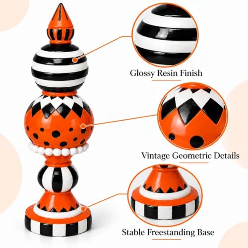 15-Inch Orange Black and White Checkered Halloween Table Decor - Pumpkin Accent, Farmhouse Style