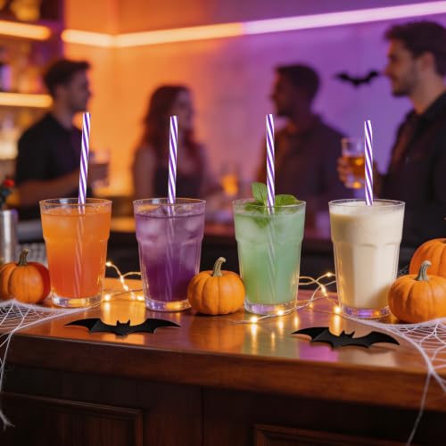 Reusable Halloween Straws Set - 50 Purple & White Striped Plastic Drink Stirrers