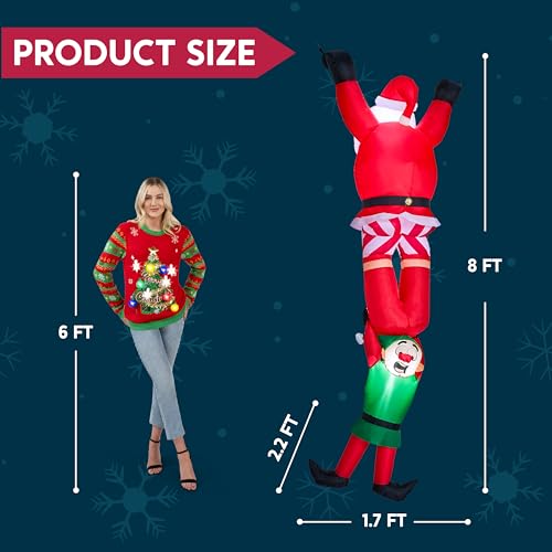 8ft Christmas Inflatable Climbing Santa with Falling Elf & Built-in LED Lights, Outdoor Yard Decor